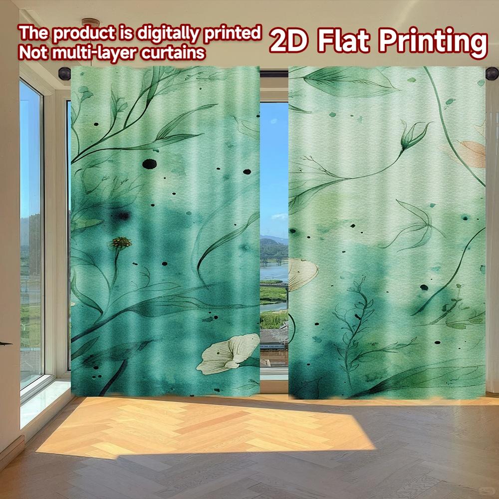 

Set Of 2 Flat Printing Curtains Without Rod Floral Watercolor Greenery New Yearfestival Creative Polyester Easy Curtain W100*H70(CM)-Hooks&1PCS