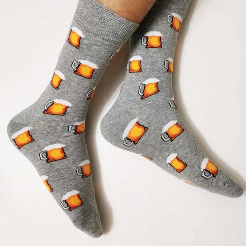 1 Pair Men's Fun Hip Hop Skateboard Beer Happy Art Print Mid Socks, EU38-46
