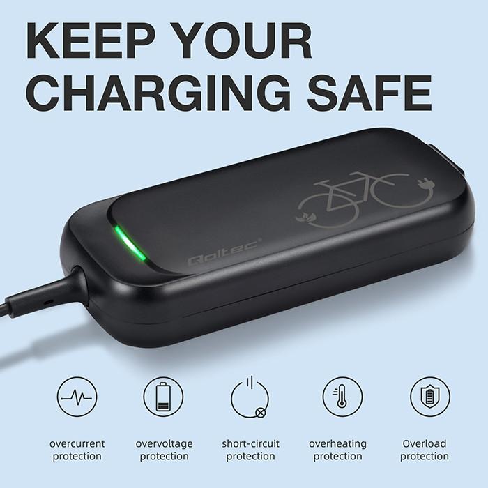 Qoltec Szybka Ładowarka do roweru skutera elektrycznego 36V | 42V | 2A | 5.5*2.1 | wodoodporna +kabel zasilający