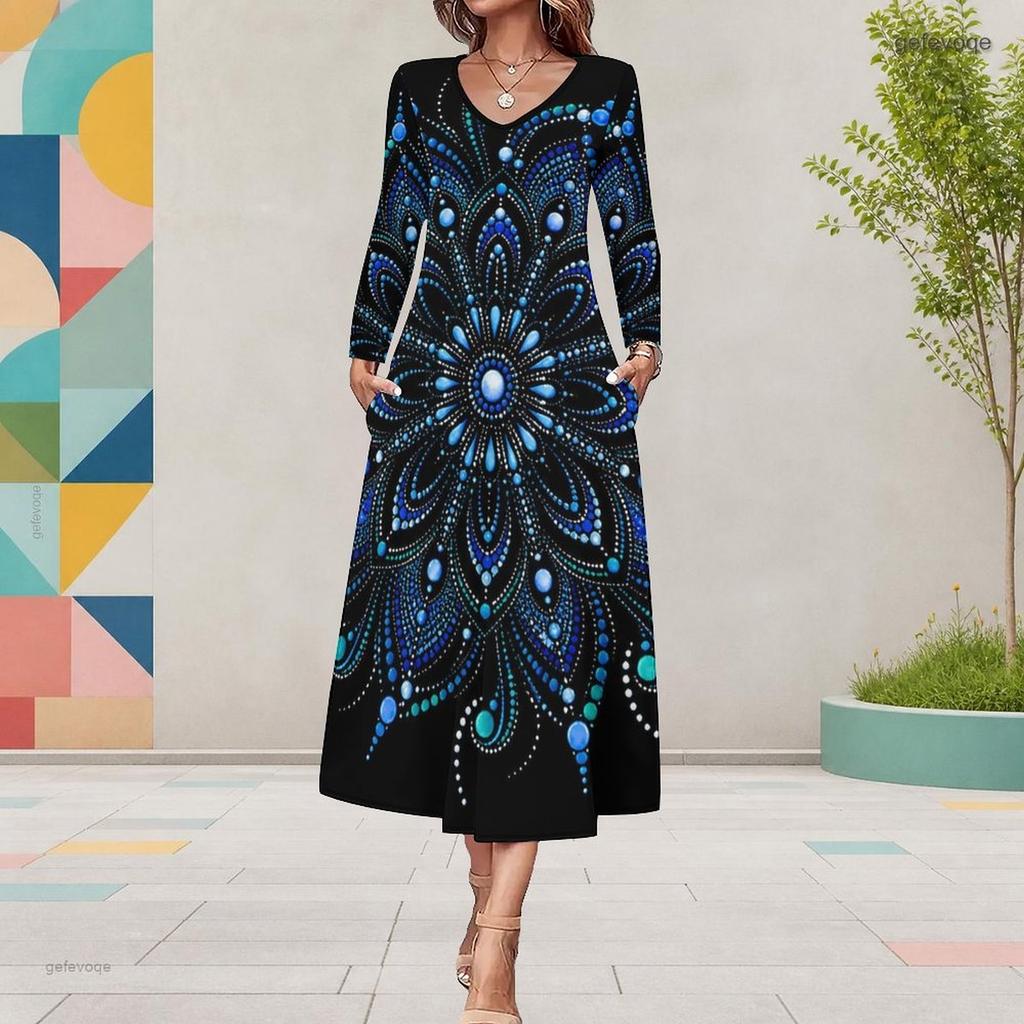 Women Plus Size V Neck Long Sleeve Halloween Printed A Line Midi Dress With Pockets
