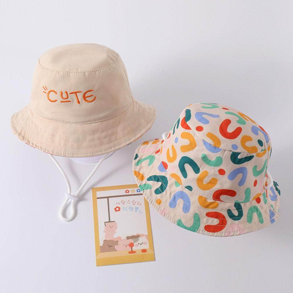 Cute Letter Embroidered Beach Cap Double Sided Children Sun Hat Fisherman Cap  Girls And Boys
