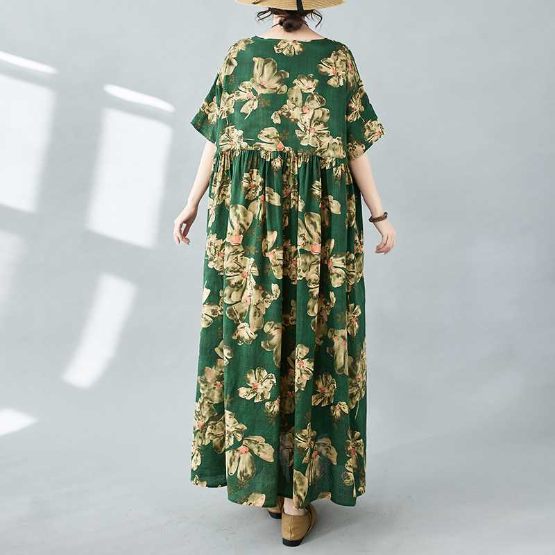Simple Bohemian Print Dress Short Sleeve Round Neck Summer New Style Elegant Feel Long Dresses Women's Clothing