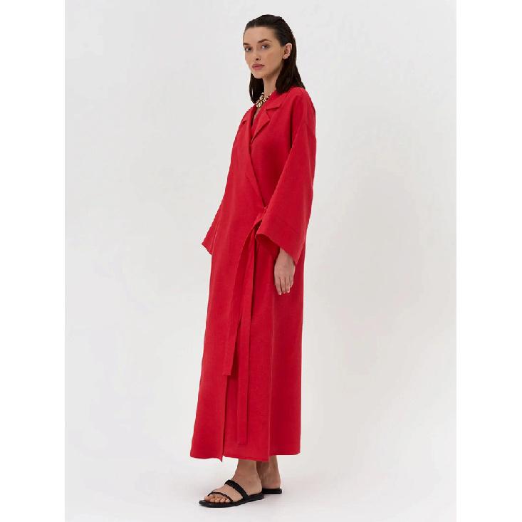 Sommer Neues Damen Stilvolles Rotes Leinen Wickel Maxi Kleid Revers Kimono Ärmel Gürtel Lange Robe Elegantes Schickes Kleid