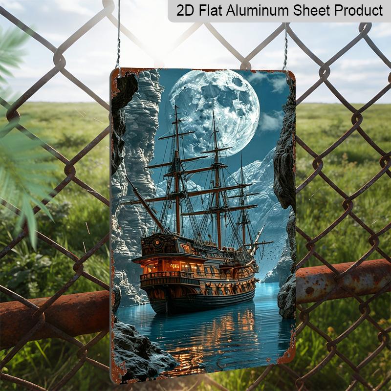 2D Flat, Full Moon Pirate Ship Aluminum Sign - Retro Nautical Wall Decor Man Cave, Bar Decor, Nautical Room, Pirate Themed Room, Boat Decor, Sailors