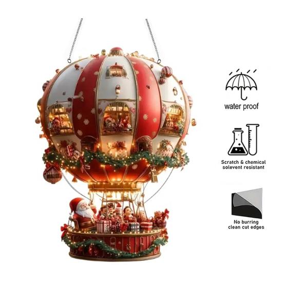 Christmas Hot Air Balloon Ornaments 2D Acrylic Xmas Tree Pendant Cartoon Santa In Hot Air Balloon Hanging Decoration for Trees Doors Windows Decor