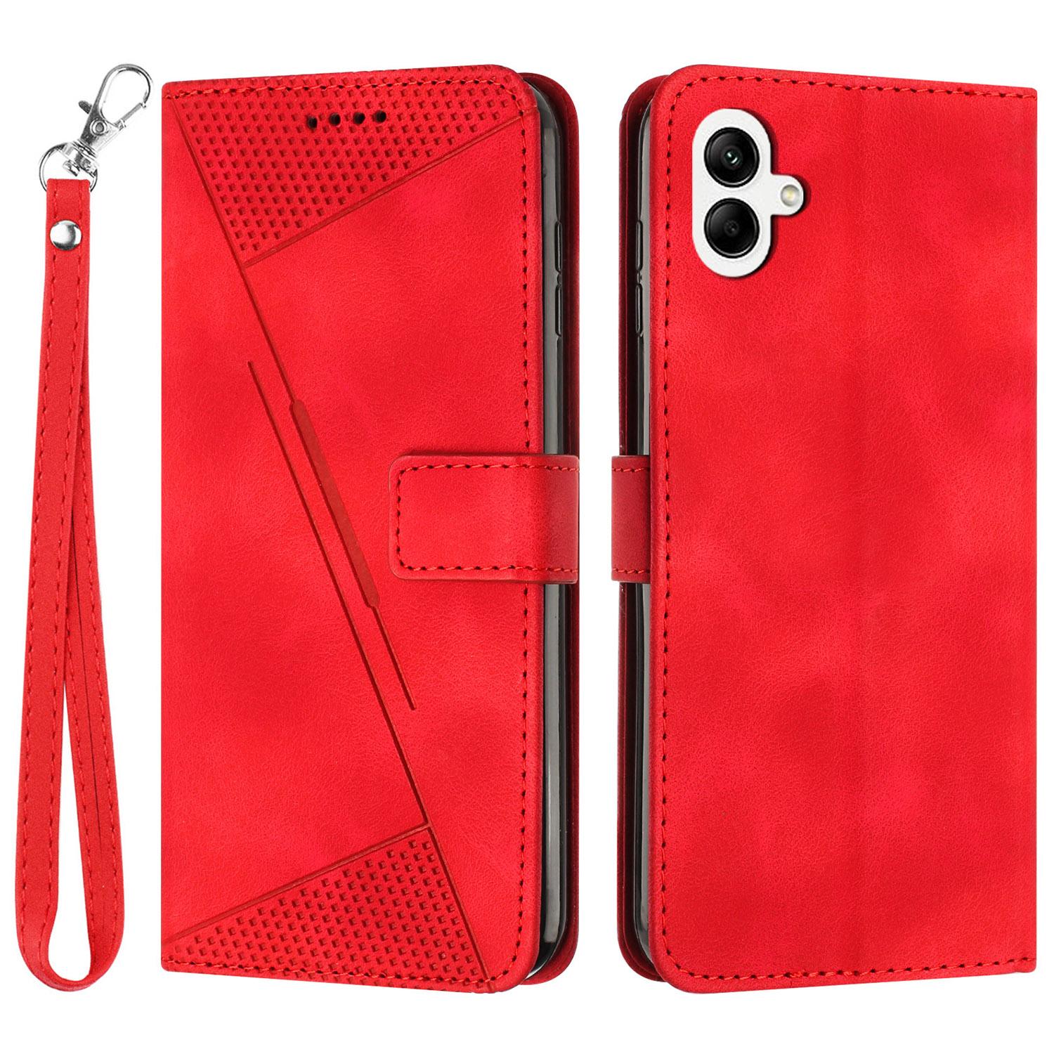 

For Samsung Galaxy A06 4G Case Triangle Pattern Leather Phone Cover Wallet with Hand Strap Red