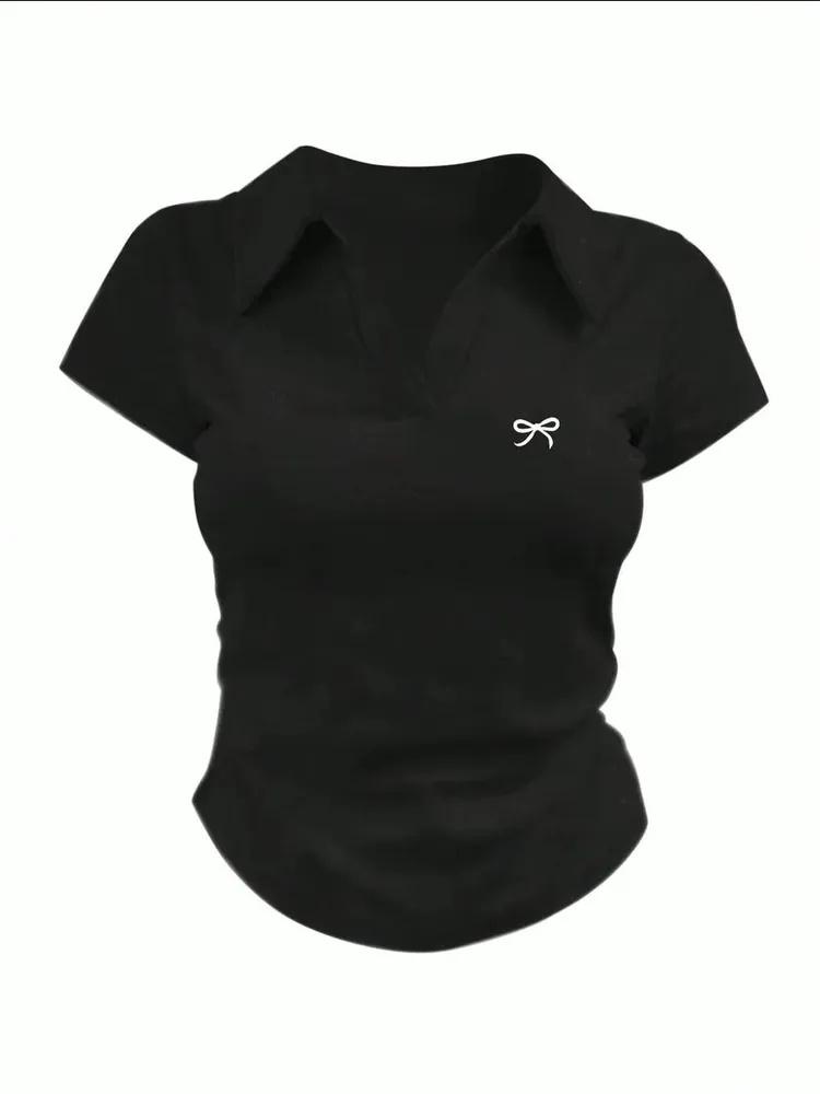 Bowknot Embroidered Collar Short,sleeved T,shirt For Women, Lapel Slim Fit Cotton Top