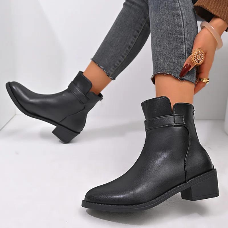 British Style Black Ankle Boots Plus Size Pu Leather Med Heels Boots Women ZIP Comfort Square Heeled Pointed Toe Short Boots