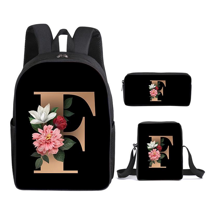 Fashion Novelty Flower letters A-Z 3D Print 3pcs/Set pupil School Bags Laptop Daypack Backpack Inclined shoulder bag Pencil Case