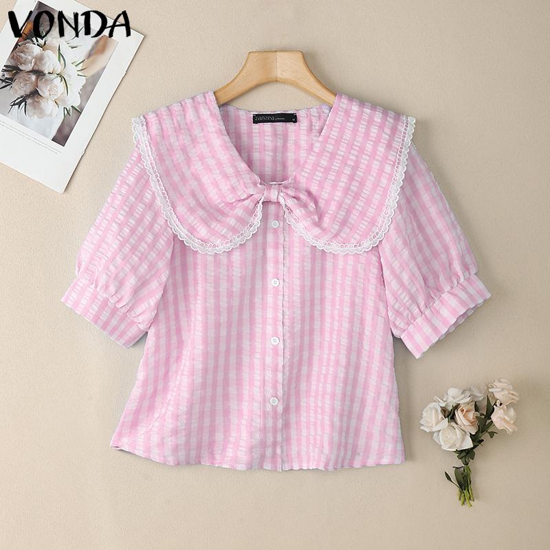 

VONDA Женские летние футболки с коротким рукавом и клетчатым принтом на пуговицах с воротником-стойкой 5XL розовый