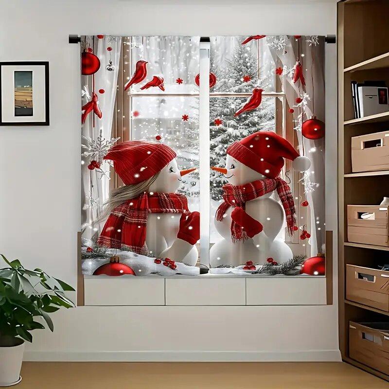 Christmas Snowman Printed Curtains Pole Bag Bedroom Living Room Decoration Home Curtain Polyester Perfect For Sitting