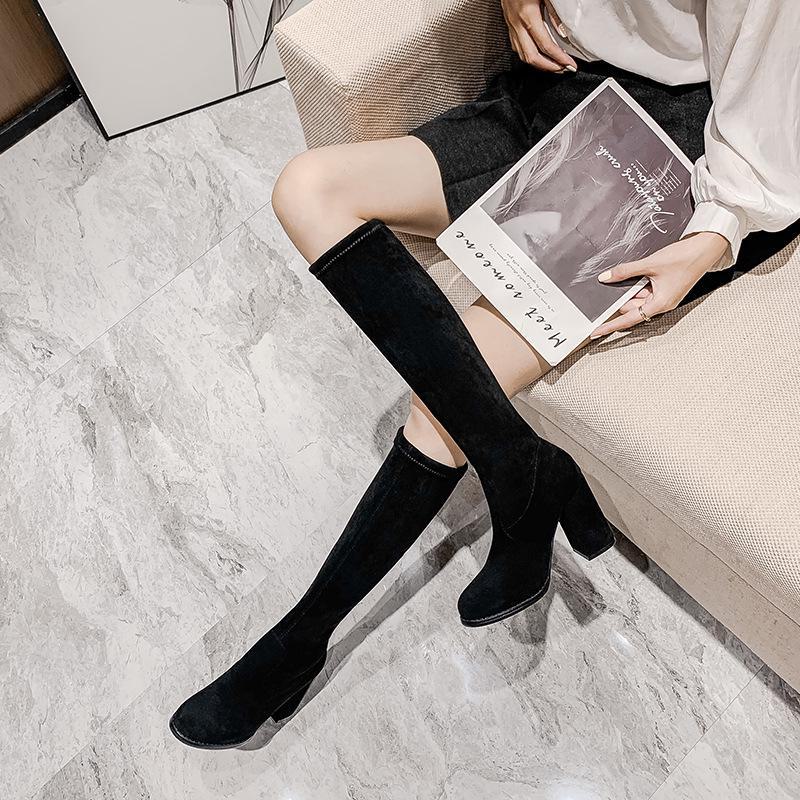 Knielange Stiefel aus elastischem Wildleder mit hohen Absätzen für Damen - Herbst/Winter 2024 Lange Stiefel mit runder Spitze