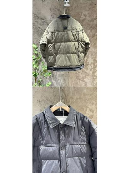 Herren Jacke aus Denim mit Patchwork und weiße Entendaunen: Modisch, Leicht, Zweiteiliges Design, Reverskragen, Einfarbige Winteroberbekleidung