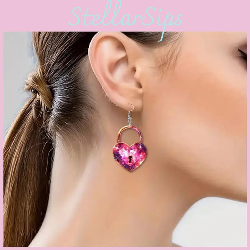 Sweet Heart Shaped Lock And Key Design Acrylic Women Pink Earrings Jewelry For All Genders
