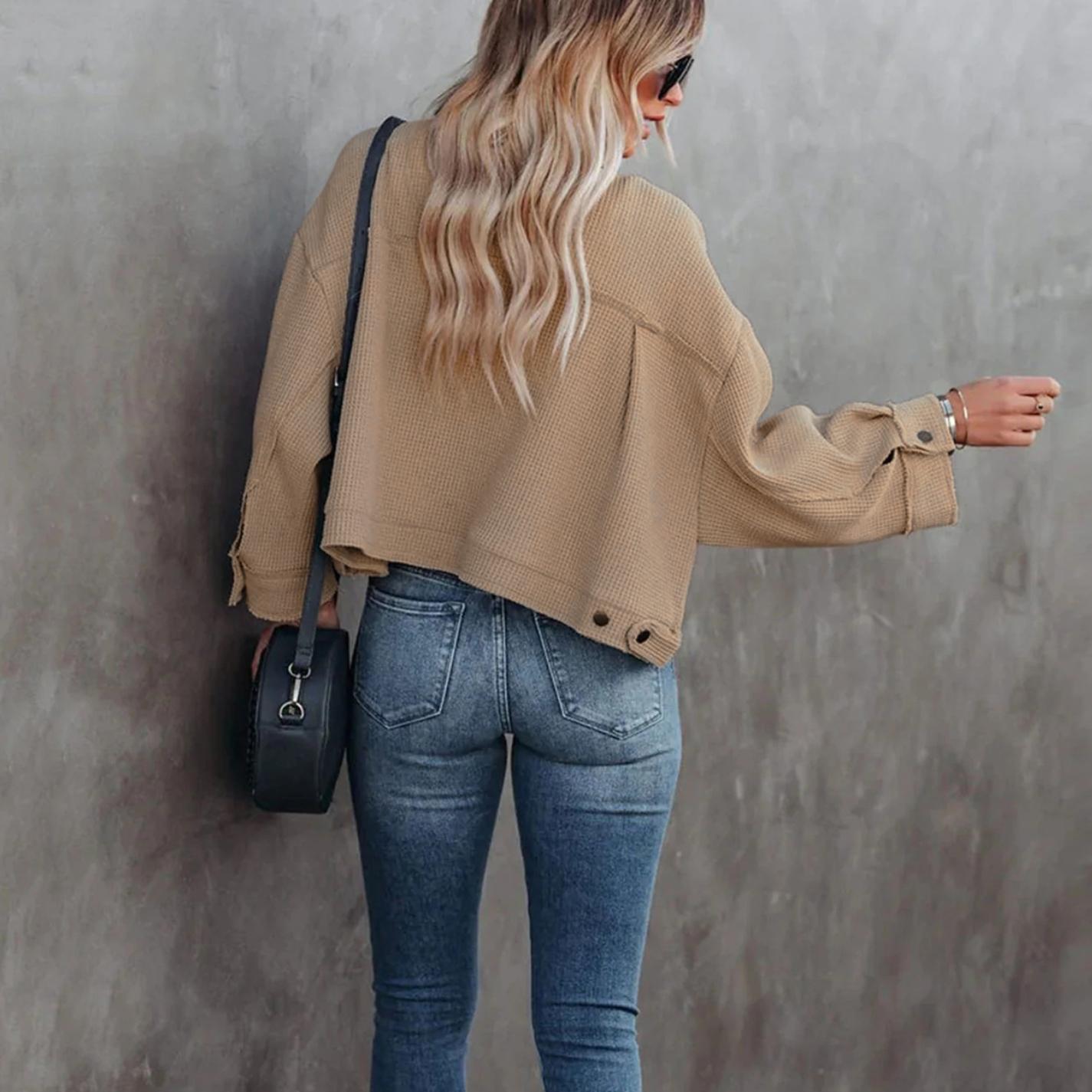 GMXIA Женские однотонные принтованные куртки и пальто с воротником поло с длинным рукавом — фото 4