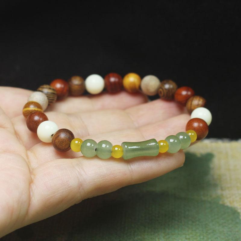 8mm Multi-wood Beads Single Circle Bracelet with Green Bamboo Knot