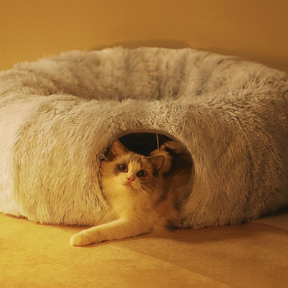 Plush Cat Bed Pets Kennel 2 In 1 Foldable Round Cats Nest Crossing Tunnel Bed Winter Warm Cat Cave Deep Sleeping Pet Cushion Mat