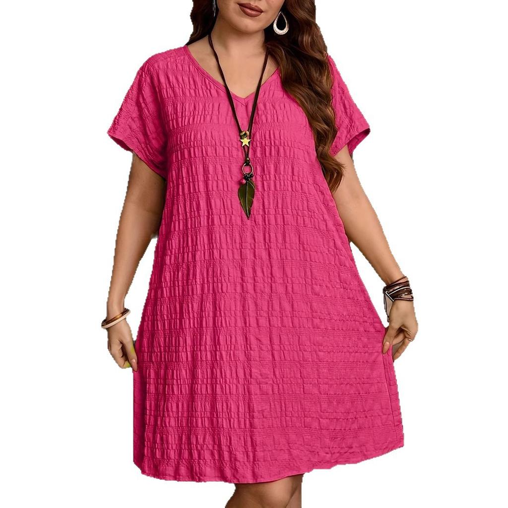 New Solid-color V-neck Loose Short-sleeved Dress for Women's Spring and Summer