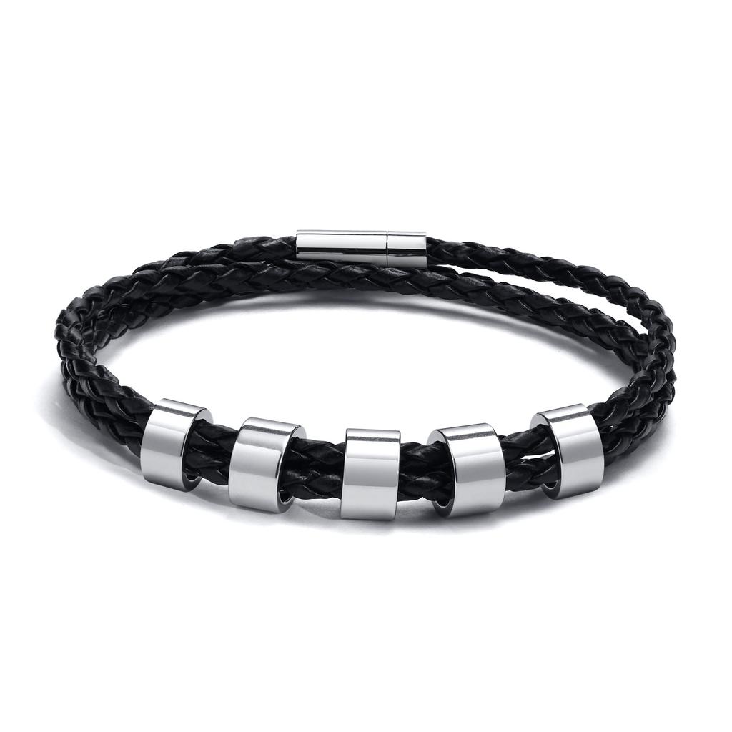 Custom 1-7 Names Multi Layer Leather Bracelet for Men,Stainless Steel Beads Handmade Braided Wristband,Gift for Father Dad