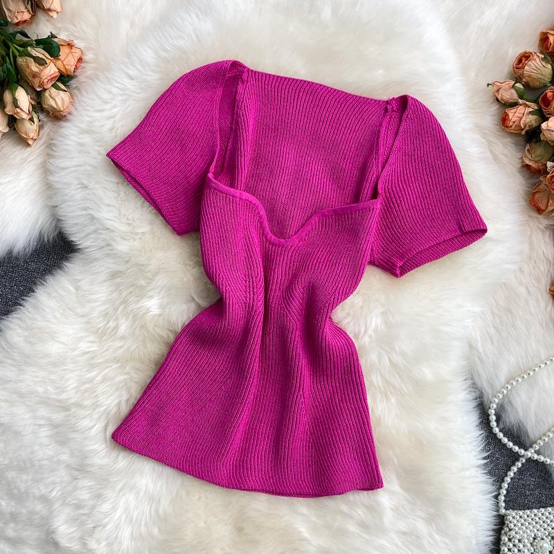 Women Summer Color Solid T Shirt Short Sleeve Square Collar Straight Tee Shirt Wear Top