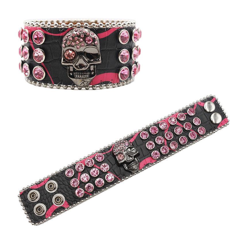 Skull Buckle Rhinestone Bracelet with Personality, Fashionable and Versatile PU Leather Bracelet, Hip-hop Punk Style with Full Personality