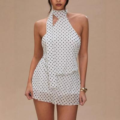 European and American Temperament Women's Clothing Polka Dot Sleeveless Neck Waist Dress Sexy Backless Mini Mesh Skirt