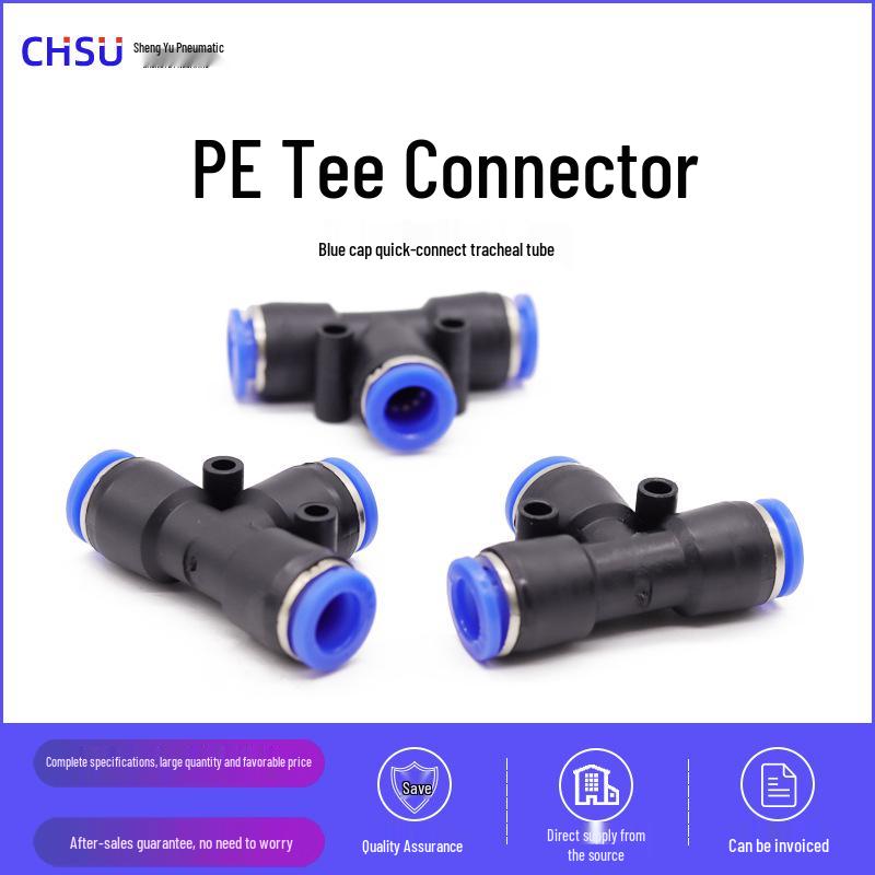 Blue T-Type Pneumatic Quick Connector, PE-8-16, for Air Compressors
