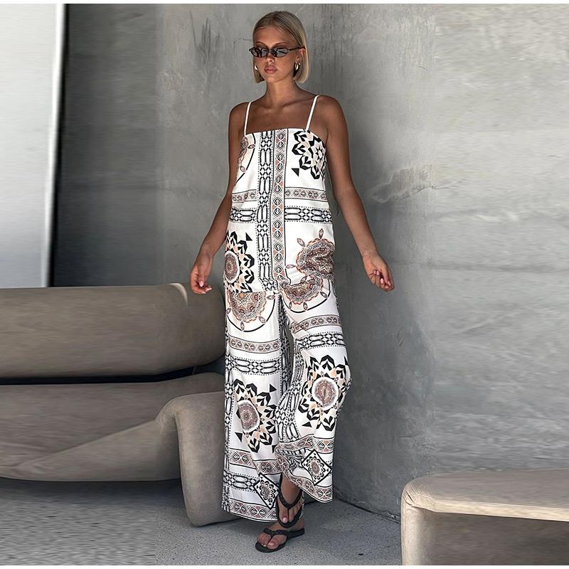 Vintage Print Strap Vest Pants Set Women Sleeveless Backless Tube Top Wide Leg Loose Trousers Female 2025 Fashion Holiday Suit