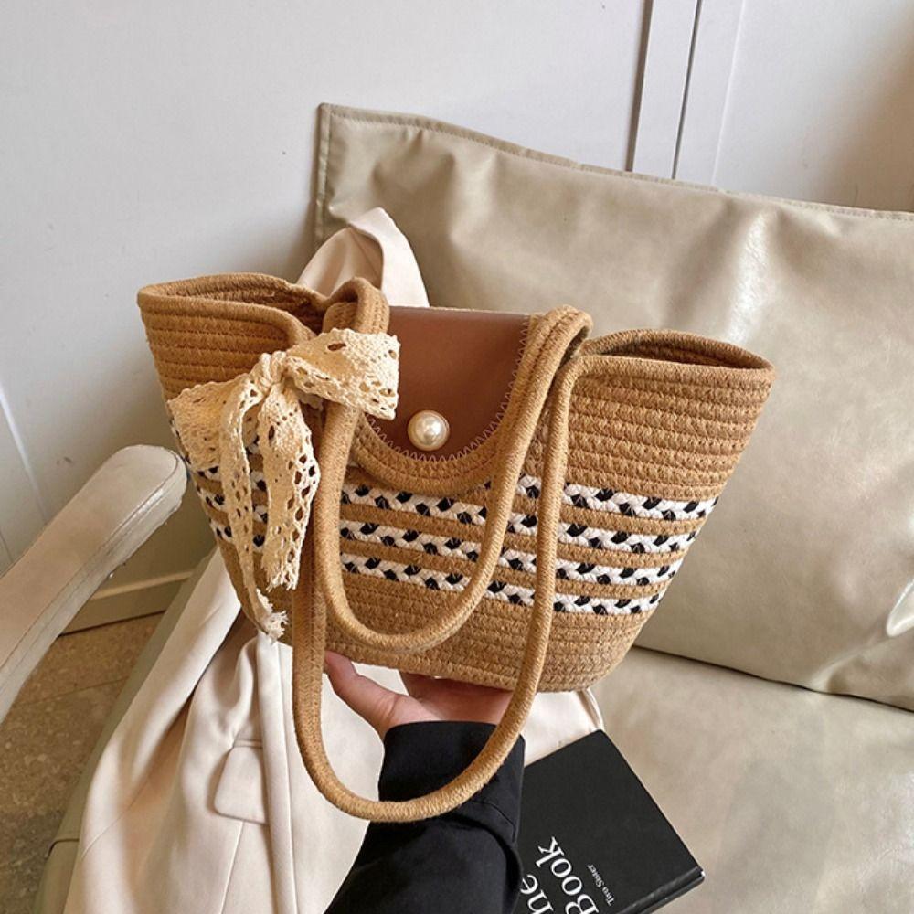 With Ribbon Stripe Tote Handbag Shoulder Bag Summer Beach Bag Simple Woven Tote Bag  Female