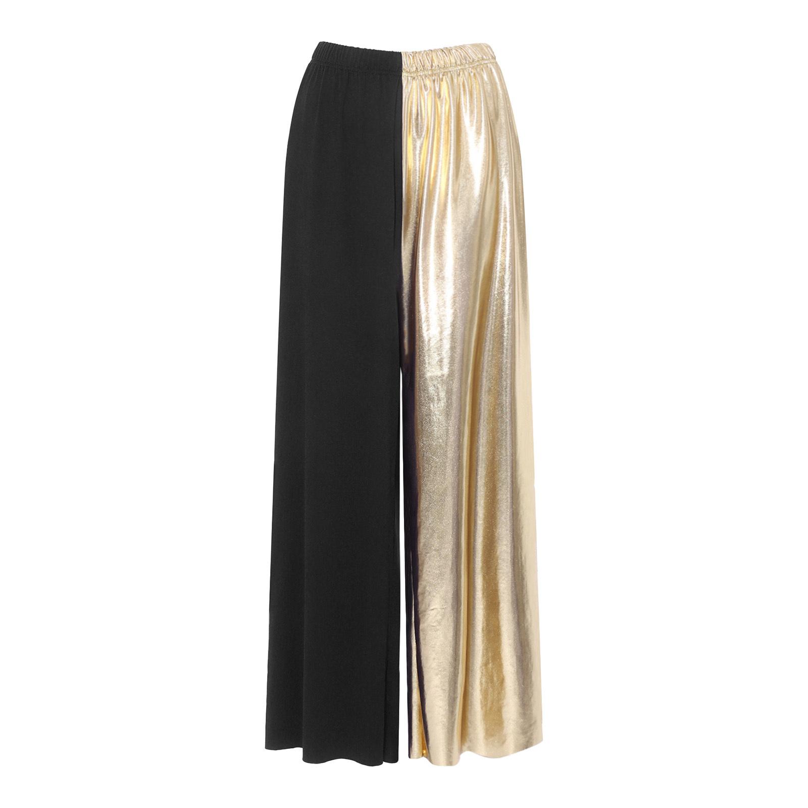 

Womens Lyrical Dance Color Blocking Trousers Metallic Shiny Patchwork Wide Leg Long Pants S чорний