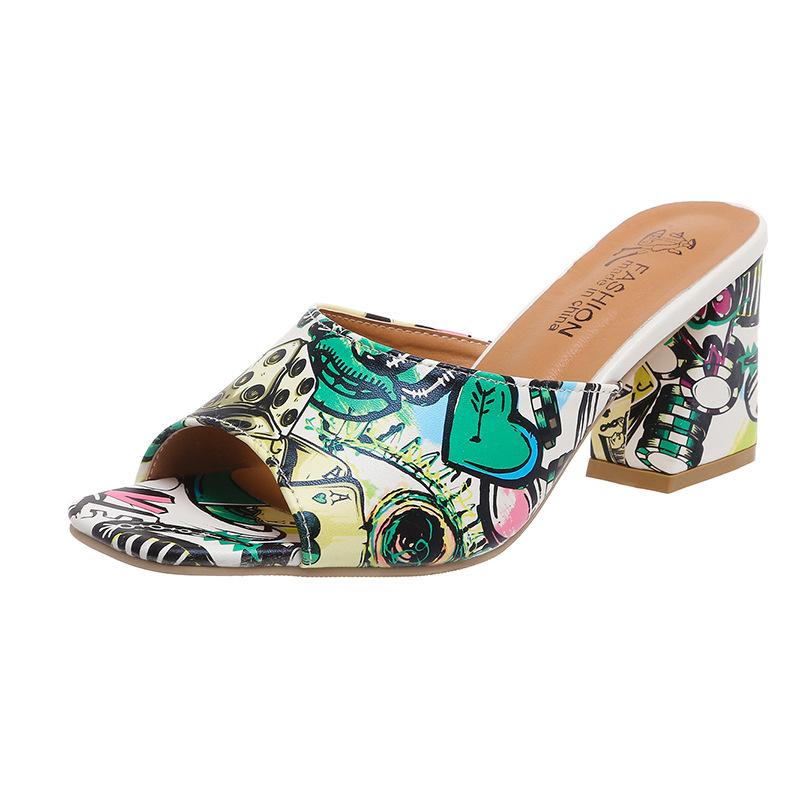 Fashion Womens Sandals Printed Summer 2025 New Thick-heeled Popular High-heeled Sexy All-match Half-slippers Open Toe Casual Basic Shoes