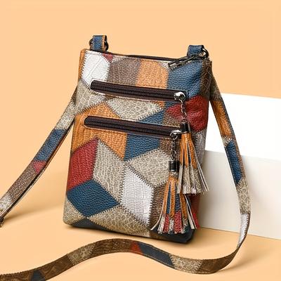 Borsa a tracolla con motivo geometrico, elegante mini borsa a tracolla in ecopelle con cerniera e nappina, borsa versatile per gli spostamenti quotidiani e il lavoro.