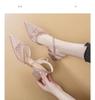 Baotou one-word sandals women's thick heel 2025 new summer mesh rhinestone high heels low heel French pointed shoes