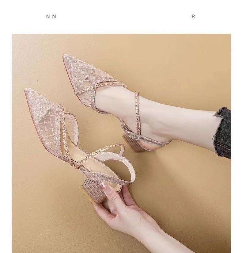 Baotou one-word sandals women's thick heel 2025 new summer mesh rhinestone high heels low heel French pointed shoes
