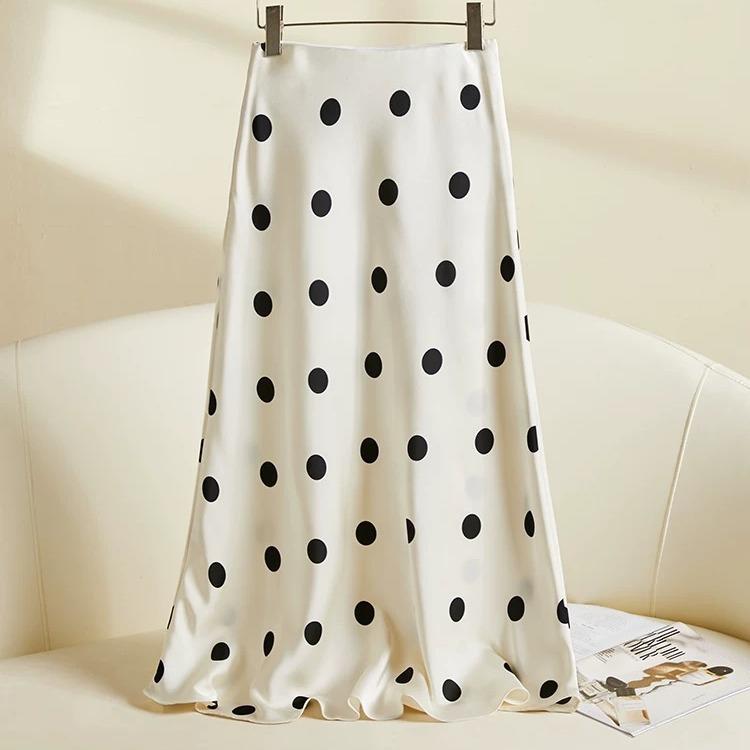 

Женская юбка миди в стиле ретро, атласная, с принтом в горошек, с хвостом русалки - Коллекция Лето 2025 Medium бежевый