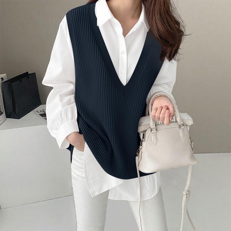 

ZANZEA Женская повседневная блузка с отложным воротником, длинными рукавами и пэчворком тёмно-синий