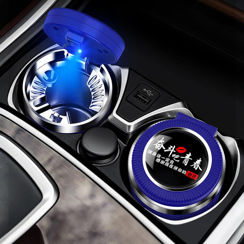 Car Ashtray with Lid LED Light Metal Liner One Open