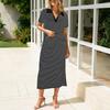 Completo Due Pezzi Moda Donna Scollo a V Manica Corta a Righe con Gonna a Vita Elastica Spaccata