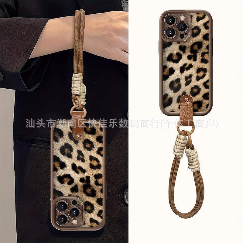 Fashion Leopard Print iPhone17Promax/16Promax/15/14/13/12/11 Wristband Lanyard Phone Case