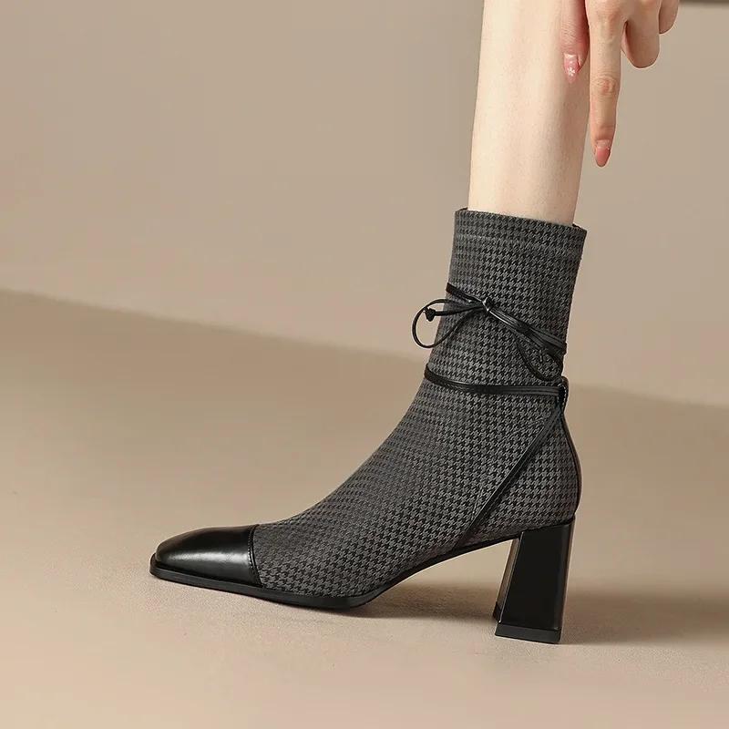 

2024 Новые сетчатые женские ботинки с острым носком, ботильоны для женщин, зимние офисные туфли на молнии на каблуках, модные женские туфли со шнуровкой и бантом для вечеринок 35 чёрный