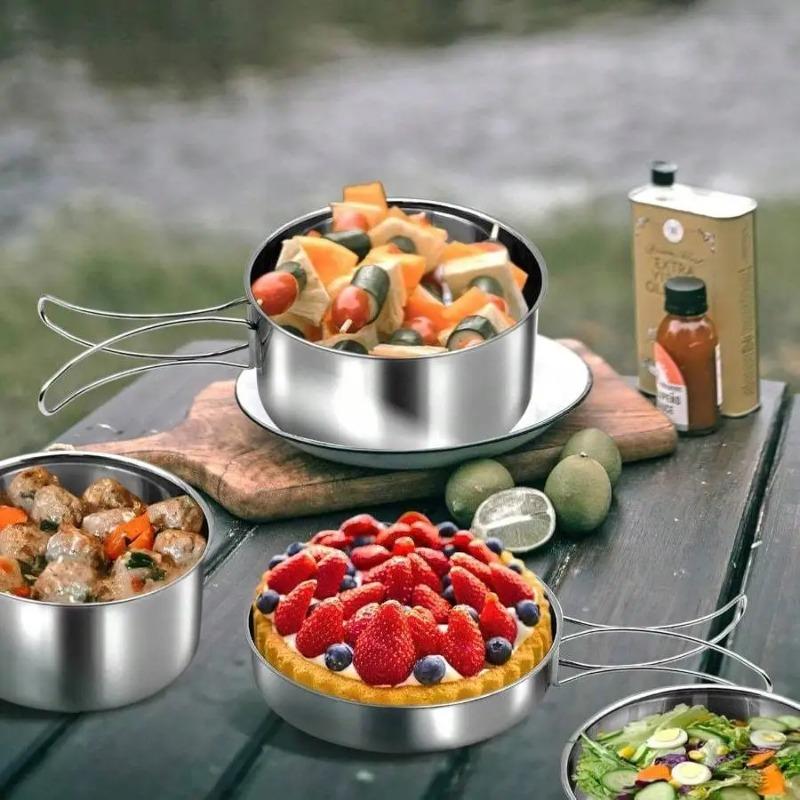 Lightweight 4 Piece Camping Cookware Stainless Steel Pots with Handles for Safe Outdoor Cooking