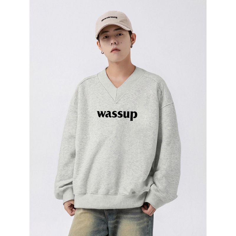 Wassup Trendy Brand Washed Vintage Heavyweight Sweatshirt for Men, Spring and Autumn 2025 New Style, Large V-Neck American-Style Loose Top