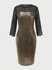 Women's European & American Round Neck Shiny Slim Party Dress with Mesh Three-Quarter Sleeves