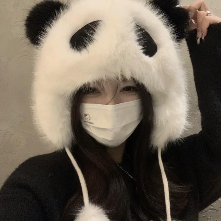 Winter female panda plush hat cute cartoon ear cap fluffy warm windproof cover