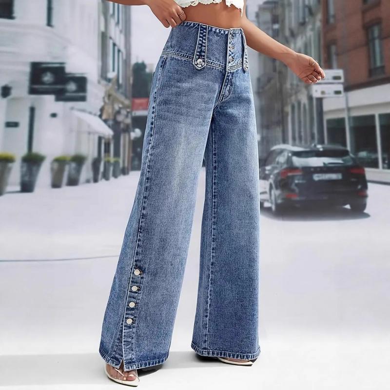 2026 Spring/Summer New Women's Denim Pants with Split Hem, High Waist, Vintage Buttoned Wide-Leg Jeans