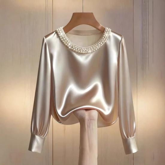 Women Tops Round Neck Long Sleeve Smooth Satin Pullover Tops Solid Color Loose Fit Faux Pearls Decor Casual Shirt Daily Wear