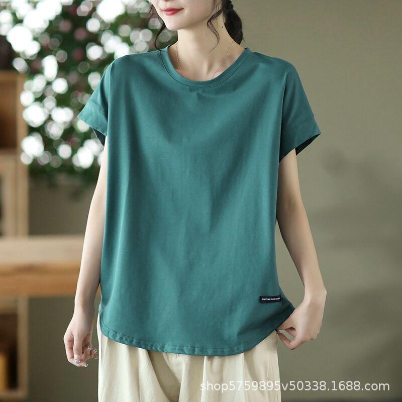 Spring and Summer New Retro Top Women's Round Neck Short Sleeve Solid Color Matching Casual Hollow Literary T-shirt Women