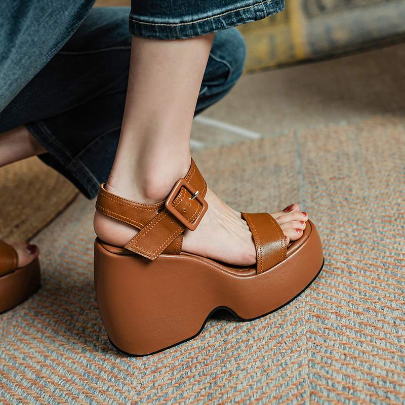 Krazing Pot Cow Leather Peep Toe Thick High Heels Platform Summer Shoes Buckle Straps Casual Waterproof Women Sandals