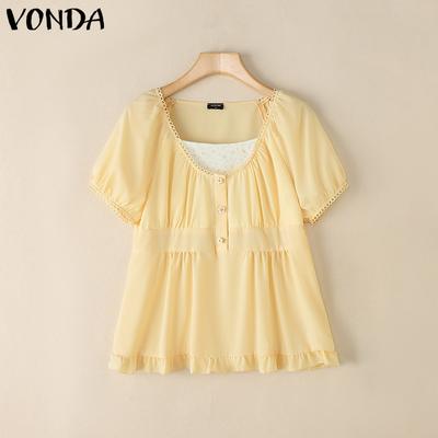 Women Summer Puff Sleeve Crochet Hem Patchwork Ruffled Casual Blouse