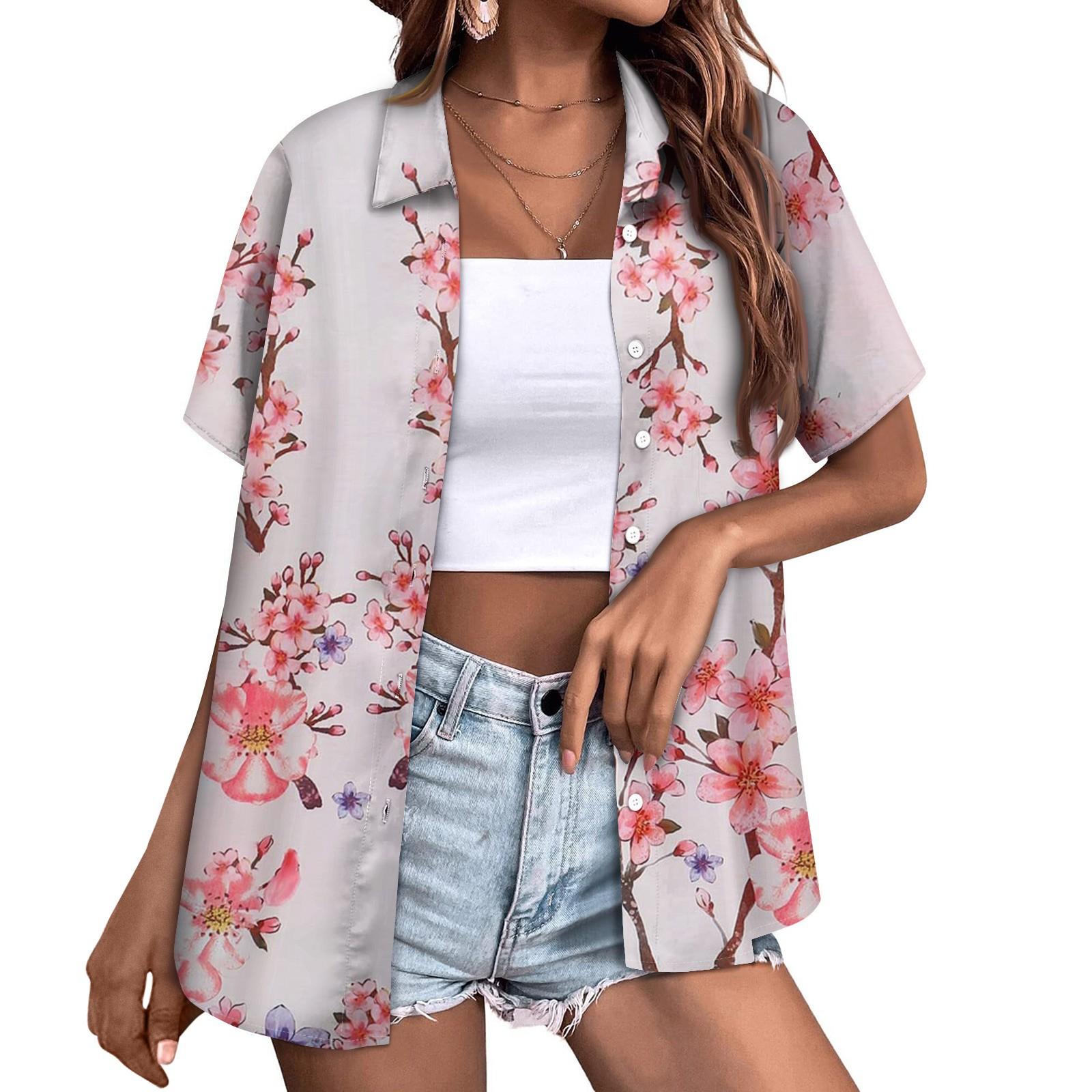 Женская модная повседневная рубашка с короткими рукавами и цветочным принтом — фото 10